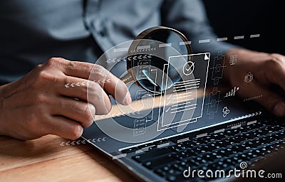 Businessman Inspecting Paperwork Document of Business Data Analysis working Management report with KPI and metrics connected to Stock Photo