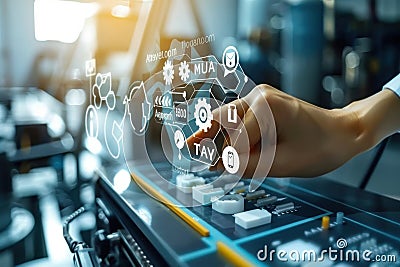 Businessman interacting with a digital screen displaying data and charts, representing technology and business analytics Stock Photo