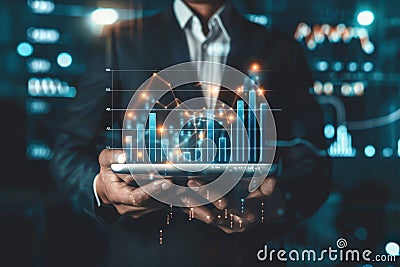 Businessman interacting with a digital screen displaying data and charts, representing technology and business analytics Stock Photo