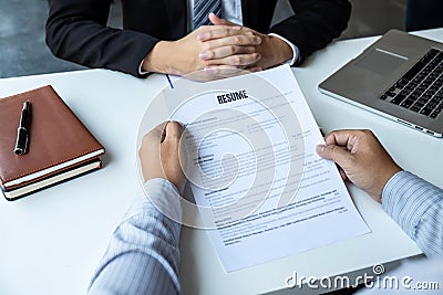 Businessman interview consider a resume conversation during about profile of candidate of conducting a job interview listen to Stock Photo