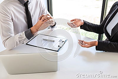 Businessman interview consider a resume conversation during about profile of candidate of conducting a job interview listen to Stock Photo