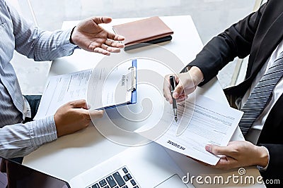 Businessman interview consider a resume conversation during about profile of candidate of conducting a job interview listen to Stock Photo