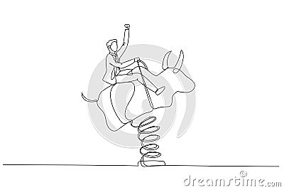 businessman investor riding and balance himself on rodeo bull concept of stock investor. Single line art style Vector Illustration