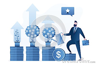 Businessman or invetor watering various money trees. Venture fund investing in new startups. Potential profitable projects or Vector Illustration