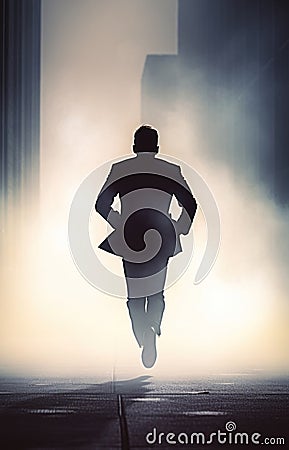 businessman jogging in a dystopian city street. Stock Photo