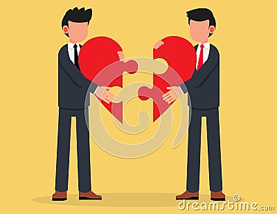 Businessman joining together heart shaped jigsaw puzzle.Business metaphor of a joint venture Vector Illustration