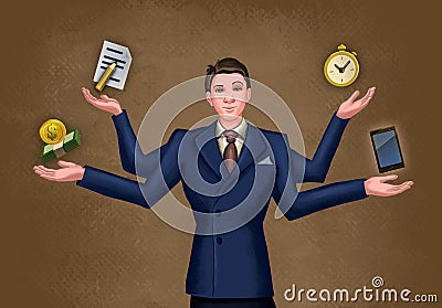 Businessman juggling multiple activities Cartoon Illustration