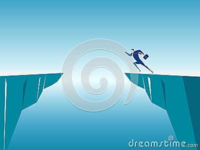 Businessman jump through the gap obstacles between hill to success. Vector Illustration