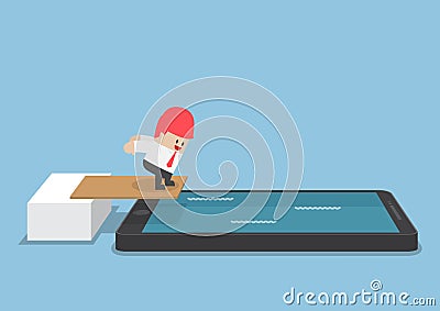 Businessman jump into smartphone pool Vector Illustration