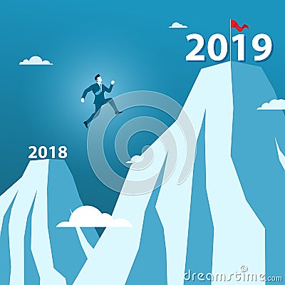 Businessman Jump Between 2018 and 2019 Years on the Top of Mountain Over Big Gap Hill Stock Photo