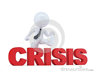 Businessman jumping over 'crisis' sign. . Contains clipping path Stock Photo