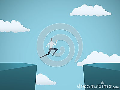 Businessman jumping over gap between cliffs vector concept. Symbol of business risk, success, motivation, ambition and Vector Illustration