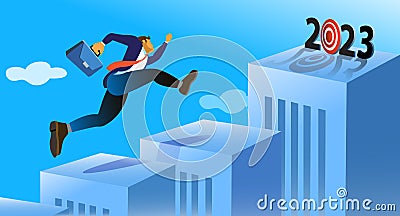 Businessman jumping over obstacles to the goal or target in 2023 years .business concept Stock Photo