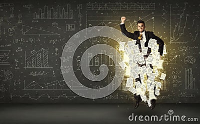 Businessman jumping with paper document cloud Stock Photo