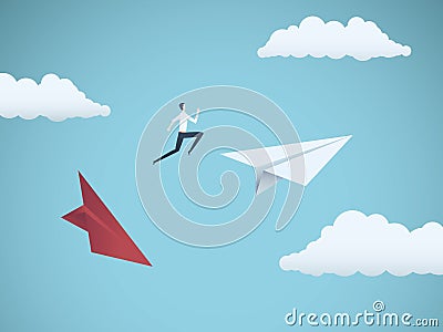 Businessman jumping between paper planes. Business symbol or metaphor for risk, danger, change, escape or bankruptcy and Vector Illustration