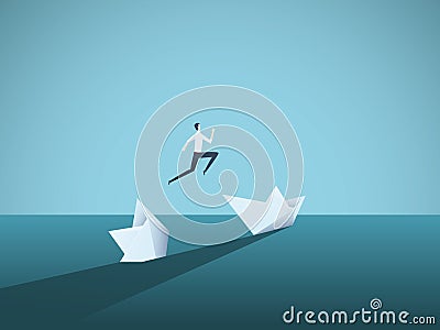 Businessman jumping from sinking ship vector concept. Symbol of new beginning, bailout, bankruptcy, new opportunity. Vector Illustration