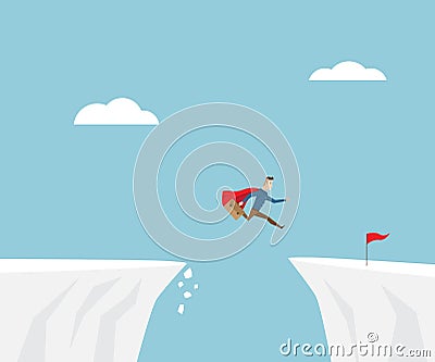 Businessman jumping to red flag at cliff Vector Illustration