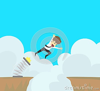 Businessman jumps through the gap in valley,ravine,vale.Business young cartoon happiness of success concept is man Vector Illustration