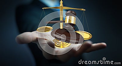 Businessman with justice hammer and weighing scales 3D rendering Stock Photo