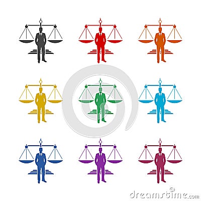 Businessman and Justice Scales icon, color set Vector Illustration