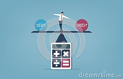 Businessman keeping balance between debit and credit on the seesaw concept, vector illustration Vector Illustration