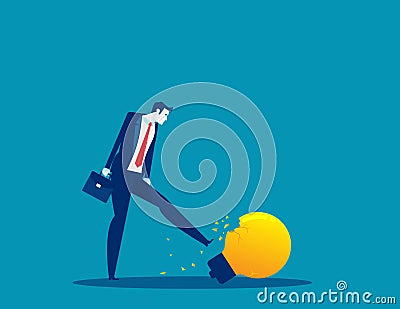 A businessman kicking a broken light bulb. Thinking that doesn`t work Vector Illustration