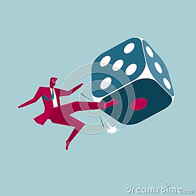 Businessman kicks a huge dice. Vector Illustration