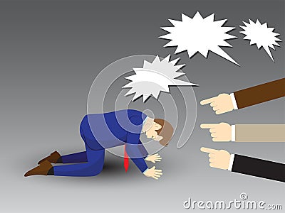 Businessman Kneeling With Others Pointing And Shouting At Him Stock Photo