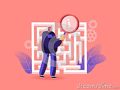 Businessman in Labyrinth or Maze with Magnifier. Character Finding Solution, Business Strategy, Opportunity Stock Photo