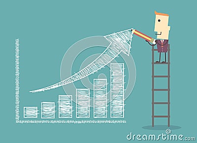 Businessman on a ladder charting a positive trend graph Cartoon Illustration