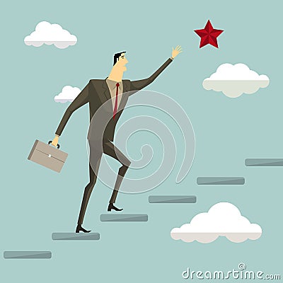 Businessman on a ladder grab the star above cloud. Vector Illustration