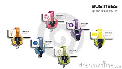 Businessman and Lady Brainstorm for Success with colorful 6 step business infographic, creative illustration modern Idea and Conce Vector Illustration