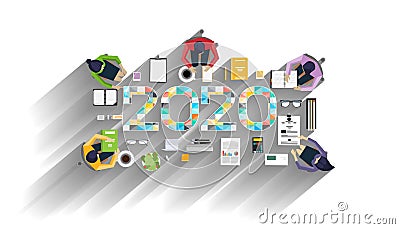 Businessman and Lady Brainstorm for Success with 2020 logo text Colorful Geometry - icons of office equipment and tools- vector il Vector Illustration