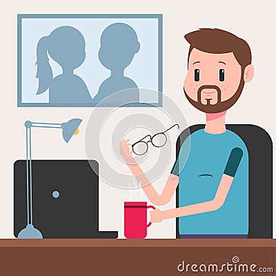 Businessman with a laptop in office vector cartoon illustration Vector Illustration