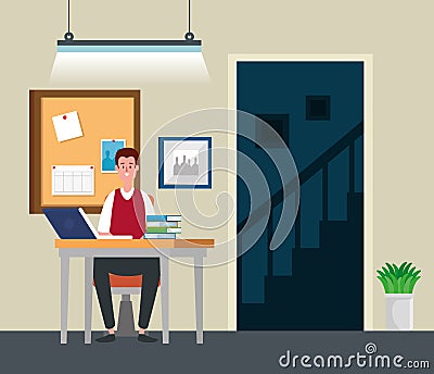 businessman with laptop technology and books with noteboard Cartoon Illustration