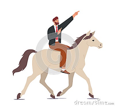 Businessman Leader Or Boss Riding Horse And Showing Direction With Finger. Business Competition And Leadership Concept Vector Illustration