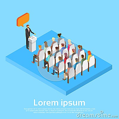 Businessman Leader With Chat Bubble Business People Group Conference Hall Meeting Copy Space 3d Isometric Vector Illustration