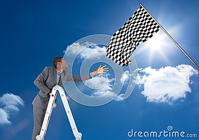 Businessman with leader taking the checker flag in the sky Stock Photo