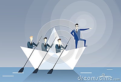 Businessman Leading Business People Team Swim In Boat Teamwork Leadership Concept Vector Illustration