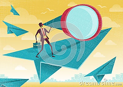 Businessman leads the way in the Business Skies. Vector Illustration