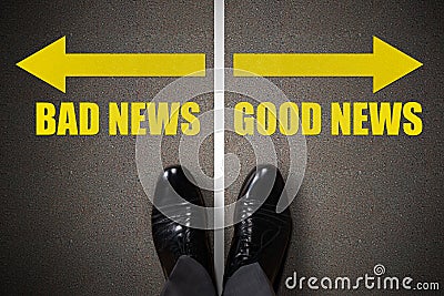 Person Standing Near Arrows With Bad And Good News Options Stock Photo