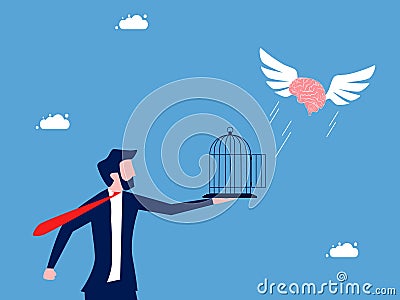 Businessman let the brain fly out of the cage. Liberation of ideas and freedom Vector Illustration