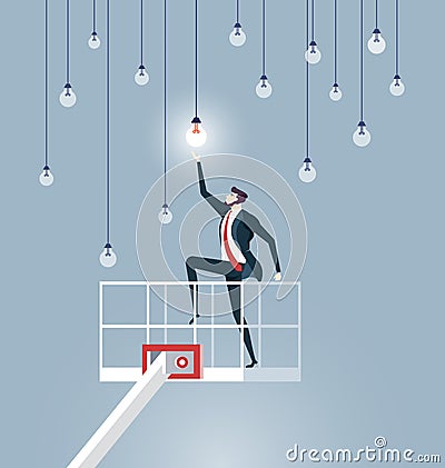 Businessman lifting by crane to reach electric light bulbs. Reaching goal in business - Business concept vector Vector Illustration