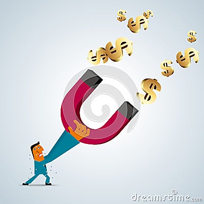 Businessman lifts the magnet,Attracting the dollar sign. Vector Illustration