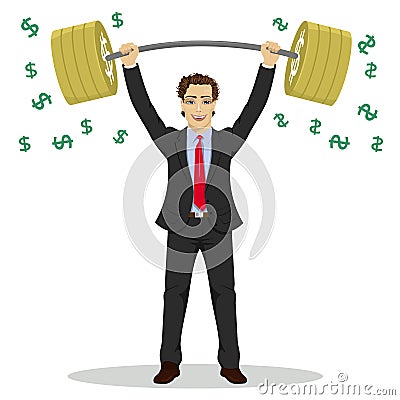 Businessman lifts up heavy barbell with dollar sign. Vector illustration for business financial strength concept. Vector Illustration