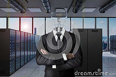 Businessman light bulb as head inside large server room having no idea; conceptual founder 3D Illustration Stock Photo