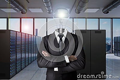 Businessman with light bulb as head inside large server room having an idea; conceptual founder 3D Illustration Stock Photo