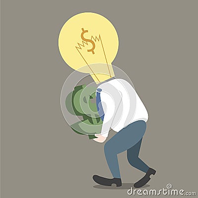 Businessman light bulb on head get dollar in hand Vector Illustration