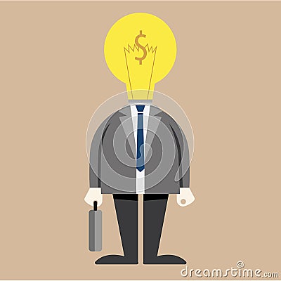 Businessman light bulb on head in suit Vector Illustration