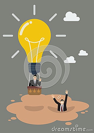 Businessman in lightbulb balloon get away from quicksand Vector Illustration